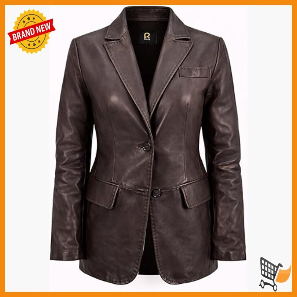Genuine Leather Blazer Jacket Women Tailored Fit Notch Lapel Button Front